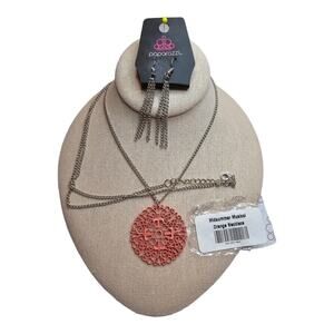 Midsummer Musical Orange Metal Pendant Necklace and Earring Set NEW